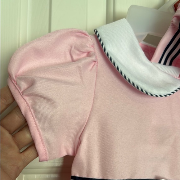 Rare Editions Pink Dress with Navy Striped Accents and Bow with matching hat - Picture 13 of 14